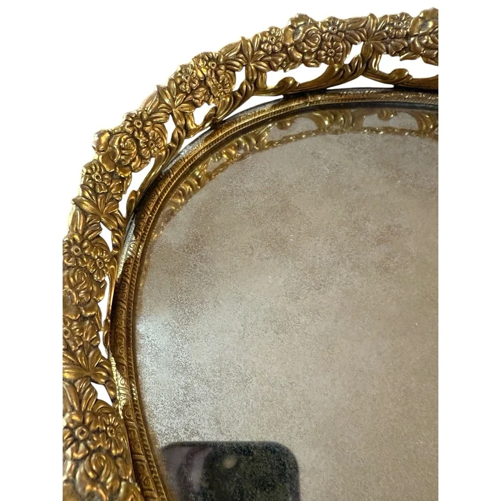 Vtg Oval Mirror Vanity Tray Gold Tone Filigree Floral Border Hollywood Glam 11